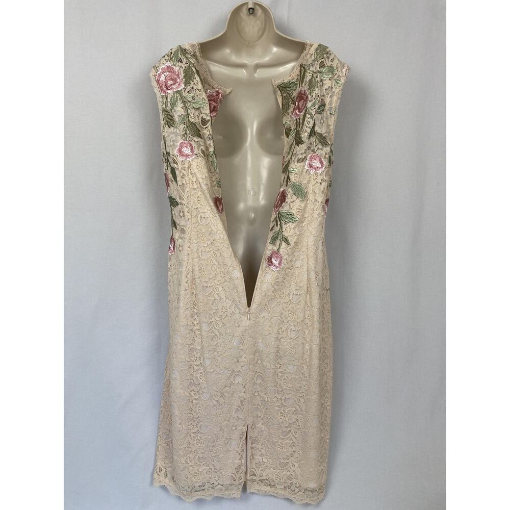 Adrianna Papell Dress Womens 16 Beige Embroidered Floral Lace Sheath Cocktail - Picture 7 of 14